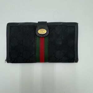 Vintage Gucci GG Canvas Web Stripe Trifold Wallet Black Monogram